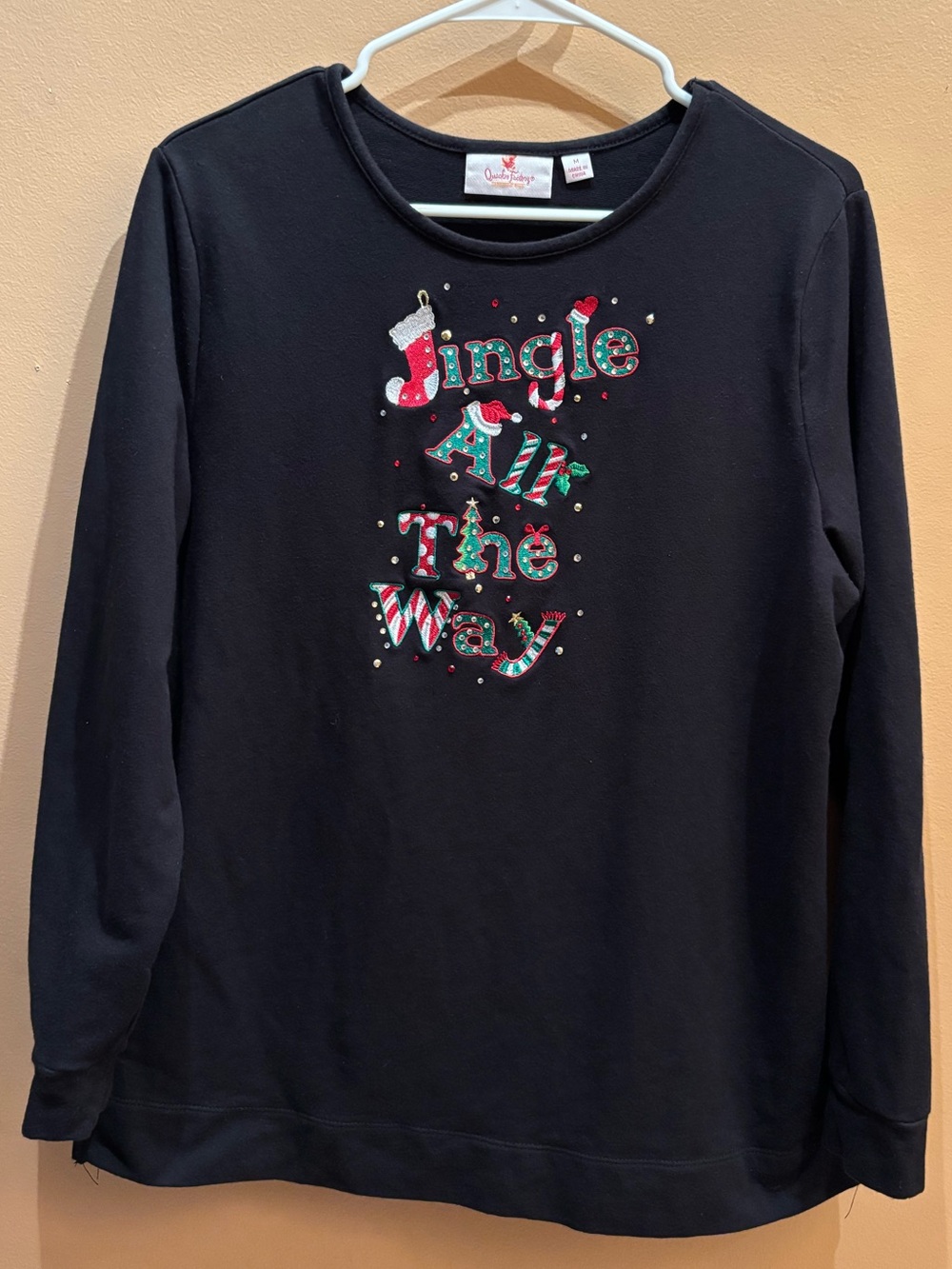 Quacker Factory festive long-sleeve top embroidered holiday Jingle All The Way